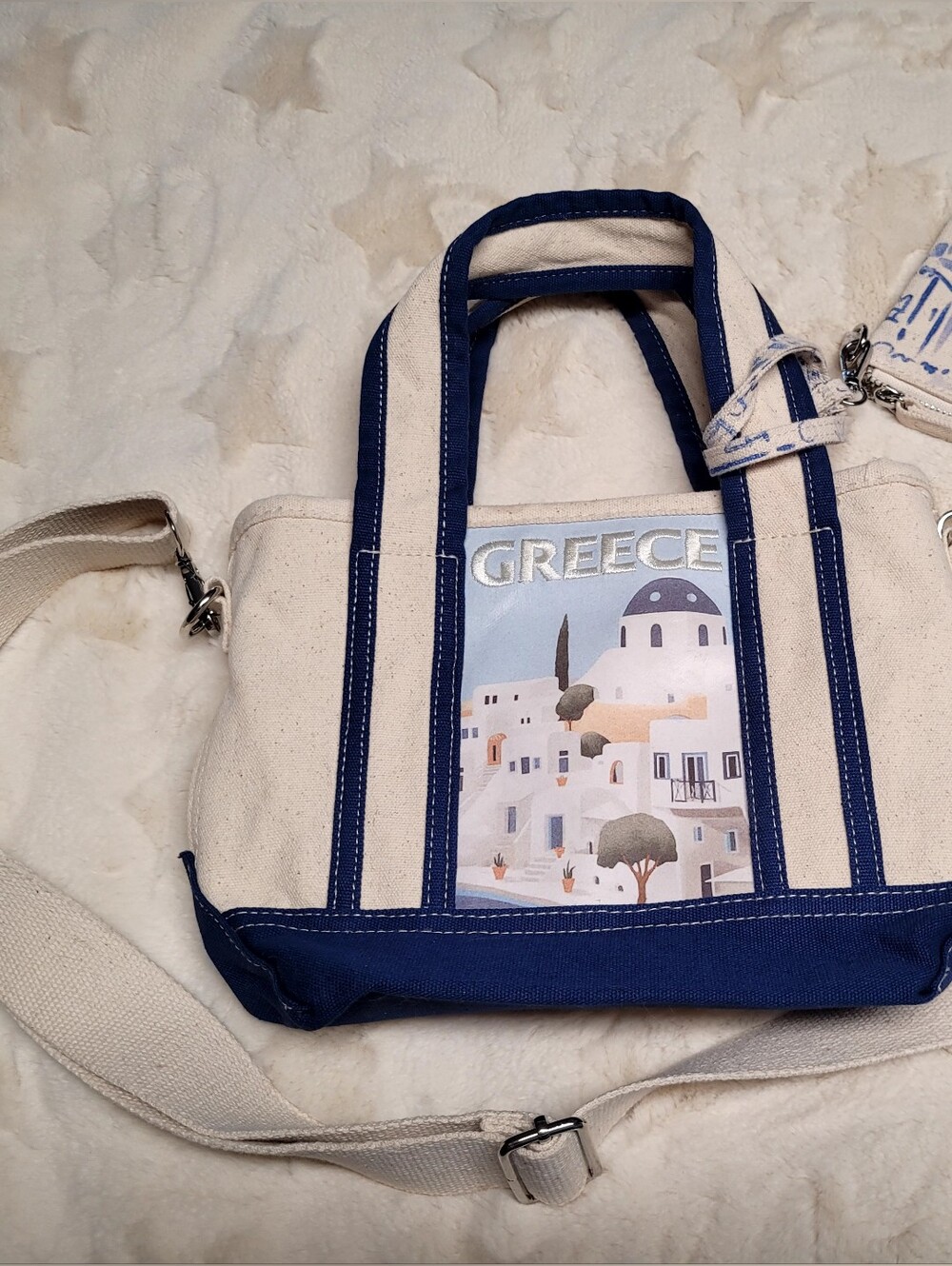 C&C California Canvas Tote Bag with Blue Trim and Greece Print